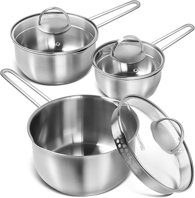 MICHELANGELO Stainless Steel Saucepan with Lid & Pour Spout 1QT & 2QT & 3QT, Tri-Ply Bottom Sauce Pan Set, Sauce Pot Set - 6 Pcs