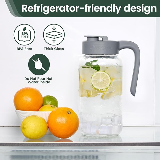 Mason Jar Pitcher - Airtight & Leakproof Glass Pitcher with Lid, Perfect for Breastmilk, Cold Brew, and Sun Tea, 2 Quart (64 oz) Mason Jar with Pour Spout Lid
