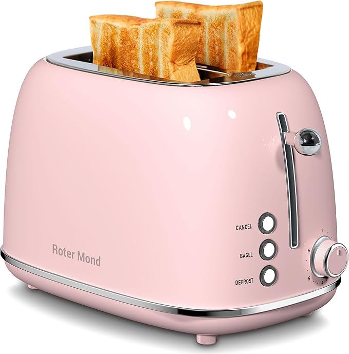 Roter Mond 2 Slice Toaster Retro Stainless Steel with Bagel, Cancel, and Defrost Functions, 6 Bread Shade Settings, Extra Wide Slots and Removable Crumb Tray, Pink