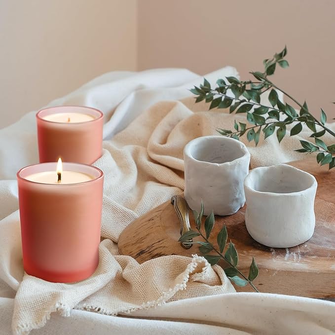 SHOWIN 14 OZ Thick Candle Jars for Making Candles 12 Pcs, 3 Wick Empty Jars with Wood Lids for Candle Making, Sample Container, Frosted Pink