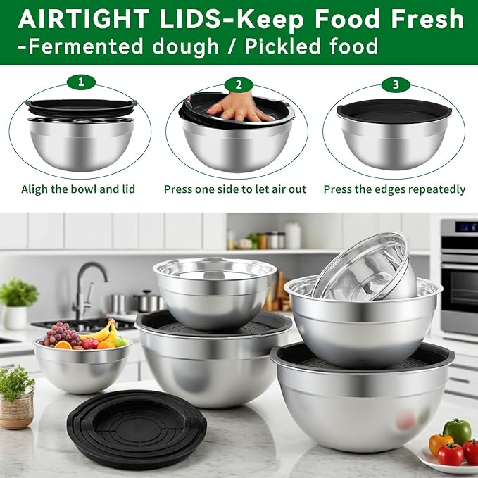 Mixing Bowls Set, 27PCS Stainless Steel Mixing Bowl with Lid Set, Large Nesting Bowls 7, 4.5, 3, 2.5, 2, 1.5QT, Measuring Cups and Spoons Baking Utensils Metal Bowl for Kitchen Prep