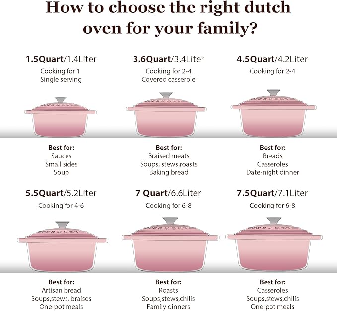 Overmont Enameled Cast Iron Dutch Oven - 4.5QT Pot with Lid Cookbook & Cotton Potholders - Heavy-Duty Cookware for Braising, Stews, Roasting, Bread Baking pink