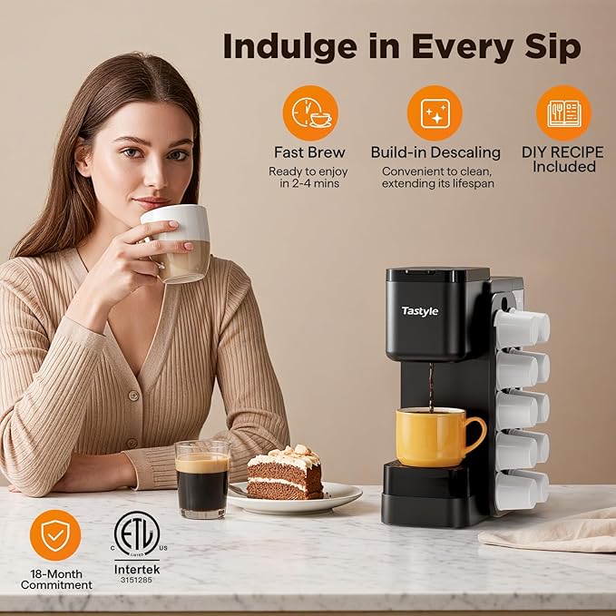Hot & Iced Coffee Maker with Magnetic K-Pod Organizer (Pods Not Included), Stores 10 Pods, 4-5 Cups Coffee Maker & Single-serve Brewer for K Cup & Grounds, 40oz Removable Water Tank, Black
