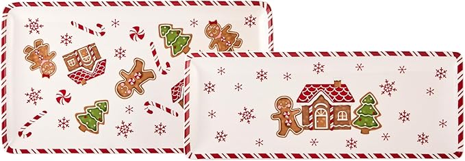 Bico Traditional Gingerbread Man Ceramic 14 inch Rectangular Serving Platter, Set of 2, for Serving Salad, Pasta, Cheese, Ham, Appetizer, Microwave & Dishwasher Safe