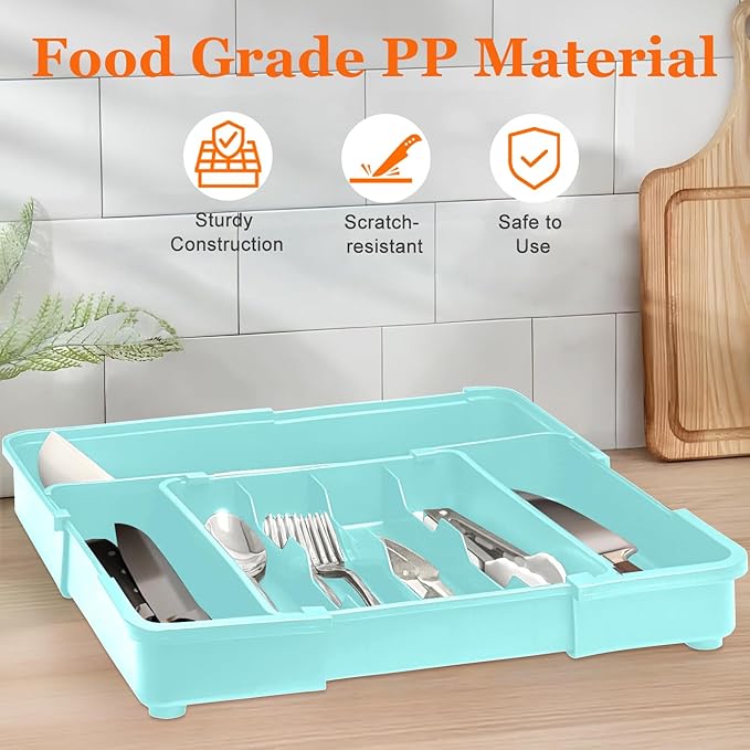 Silverware Organizer Expandable Silverware Drawer Organizer Adjustable Drawer Organizer, Flatware Cutlery Tray for Spoons Forks Knives Kitchen Organizers Storage,Turquoise