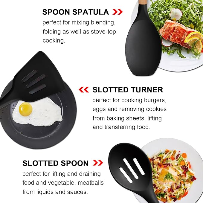 Silicone Kitchen Utensils Set of 6, Cooking Utensils Set with Heat Resistant Wooden Handle, Nonstick Silicone Spatula Spoon Turner Ladle, Cooking Kitchen Gadget for Cookware & Baking BPA FREE