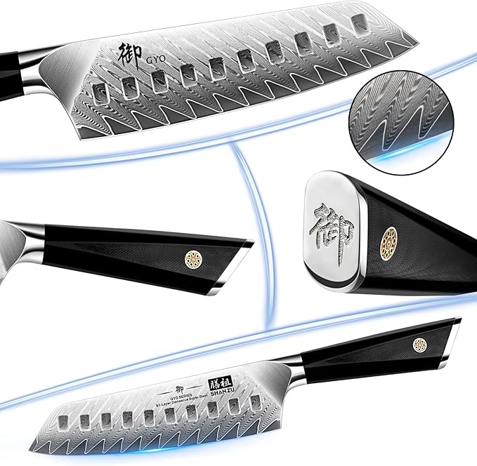 SHAN ZU Damascus Chef Knife Santoku Knife 7 Inch Professional Multifunction Kitchen Knives, 67 Layers Damascus Stainless Steel 10Cr15CoMoV Super Sharp Cooking Knife with G10 Handle/Gift Box
