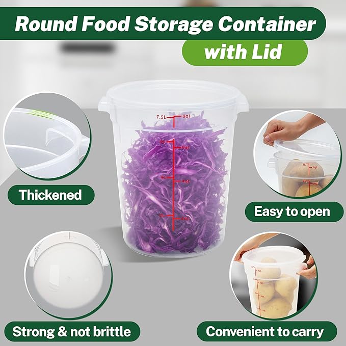 Round Food Storage Container with Lid, 8Qt Translucent, Commercial 4 Pack of – NSF Listed, BPA-Free, Polypropylene, Non-Stick, Scale, with Labels & Measuring Cups