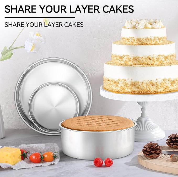 Leonyo Tall Round Cake Pans, 6’’- 8’’- 9½’’ Cake Pan Set for 3, Stainless Steel Round Layer Baking Tier Cake Pans Set, 3-Tiered Cake Tins for Birthday Wedding, Non Toxic & Healthy, Dishwasher Safe