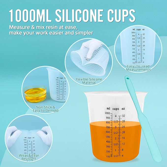 Silicone Resin Mixing 1L Measuring Cup Set for Resin Supplies, Easy-to-Read Marks, 1000ml/32oz Large Cup, Thickened Reusable Silicone Cups for Epoxy Mixing, Jewelry Making