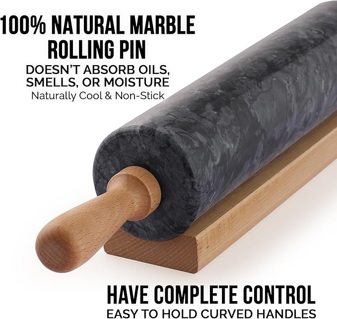 Zulay Kitchen 17-Inch Marble Rolling Pin With Stand - Polished Marble Rolling Pins For Baking - Long Rolling Pin Marble With Beechwood Handle - Non-stick Roller Pin For Baking Pastries, Bread & Pizza