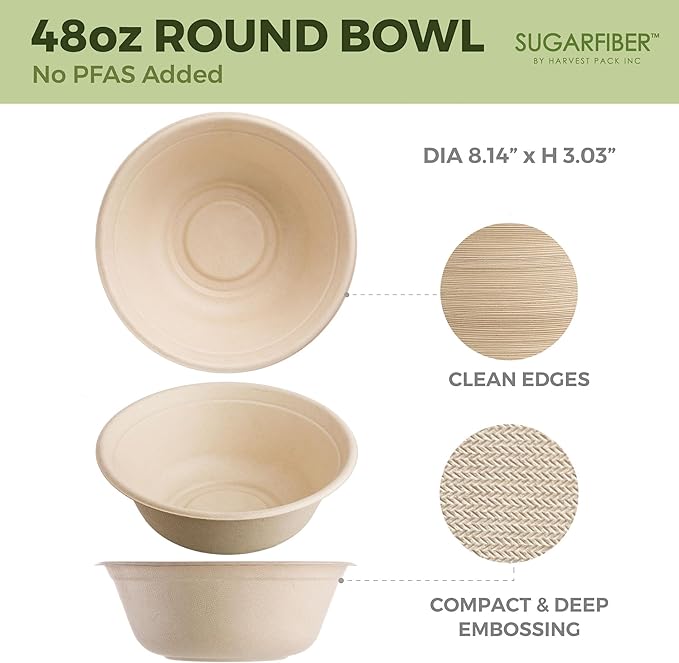 [500 COUNT] Harvest Pack PFAS FREE 48oz Round Paper Bowls - Compostable Heavy-Duty Eco-Friendly Disposable Bagasse Large Soup Bowls sugarcane made for Meal Prep Takeout Dinnerware, Microwave Safe