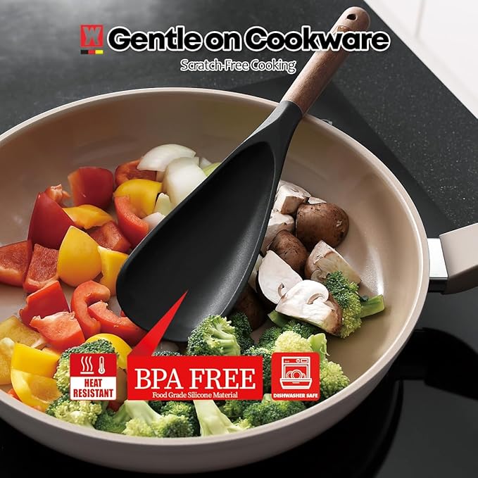 Silicone Head cooking & Serving Spoon + Slotted Spatula Set: Cookling Utensil with Long Wooden Handles, Heat Resistant Cookware, Protects Surfaces with Gentle Head Design