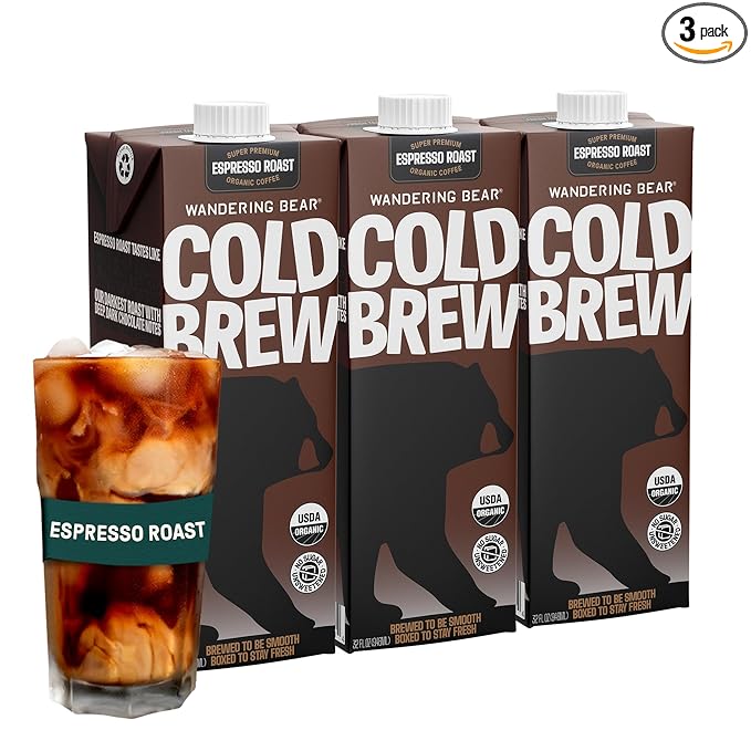Wandering Bear Espresso Roast Organic Cold Brew Coffee - Extra Strong Bold, Smooth, No Sugar Added, Shelf-Stable, Ready to Drink, 100% Organic Iced Cold Brewed Coffee Drink - 32 fl oz, 3 pack