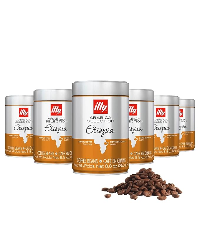 illy Arabica Selections, Ethiopia Whole Bean Coffee, 100% Arabica, Single Origin, Light Roast with Notes of Jasmine, All-Natural, No Preservatives, 8.8 Ounce Can (Pack of 6)