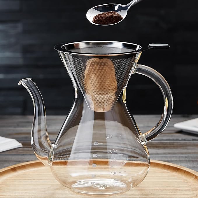Unbreakable - Pour Over Coffee Maker with Double Stainless Filter 34 fl oz, Thickened Heat-Resistant Borosilicate Glass Pour Over Coffee Dripper, Stovetop Safe