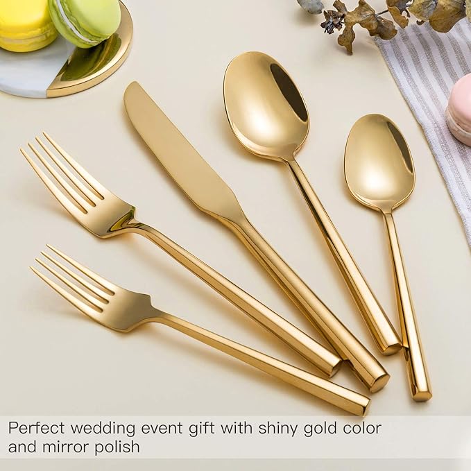 Gold Silverware Set Flatware Set Stainless Steel Cutlery Set 40 Pieces Hexagon Handle Home Kitchen Daily Use Service for 8