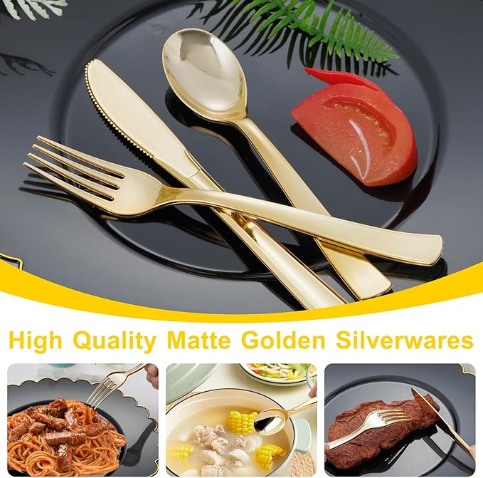 EI 360pcs Gold Plastic Silverware,Gold Silverware Disposable,Gold Forks and Spoons,Gold Cutlery include 120pcs Plastic Forks,120pcs Plastic Spoons and 120pcs Plastic Knives