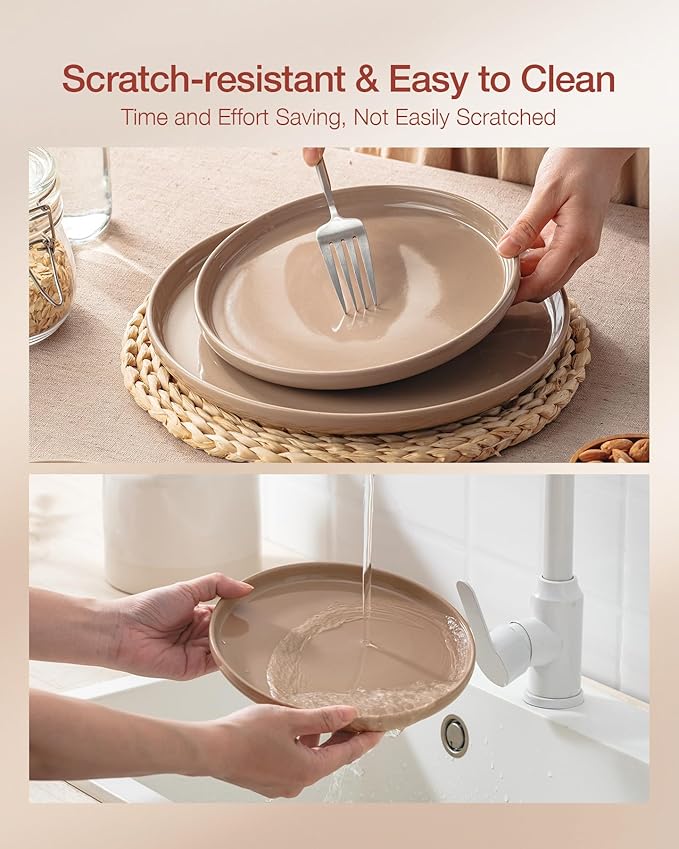 Famiware Milkyway Stoneware Dinnerware Sets with Pasta Bowls, Service for 4 (16 Pieces), Plates and Bowls Sets -Scratch Resistant, Microwave and Dishwasher Safe Dishes Set, Cinnamon Brown