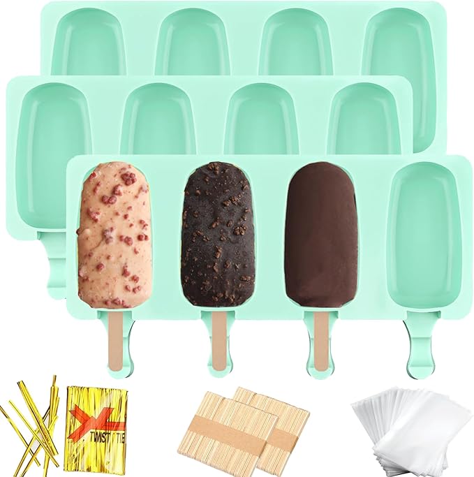 3pcs Large Silicone Popsicle Molds Set,BZIDII 4 Cavities Cake Pop Molds,Oval Ice Cream Bar Mold Ice Pop Cakesicle Molds Silicone with 100 Wooden Sticks & 100 Bags &100 Twist Ties(Green)