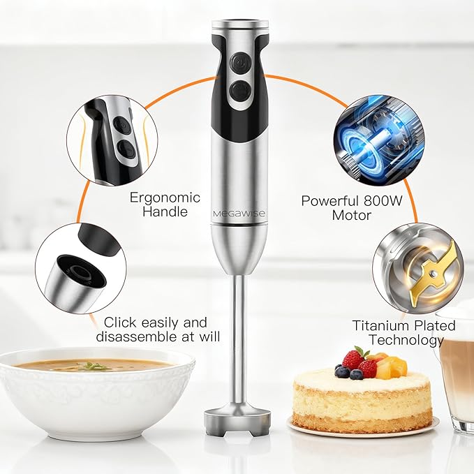 Megawise High-Power Hand Blender – 400W Max Power with Versatile 3-in-1 Attachments (Blending Shaft, Whisk, Chopper); Ergonomic Design with Adjustable Speed Control; Easy to Clean and Maintain (Black)