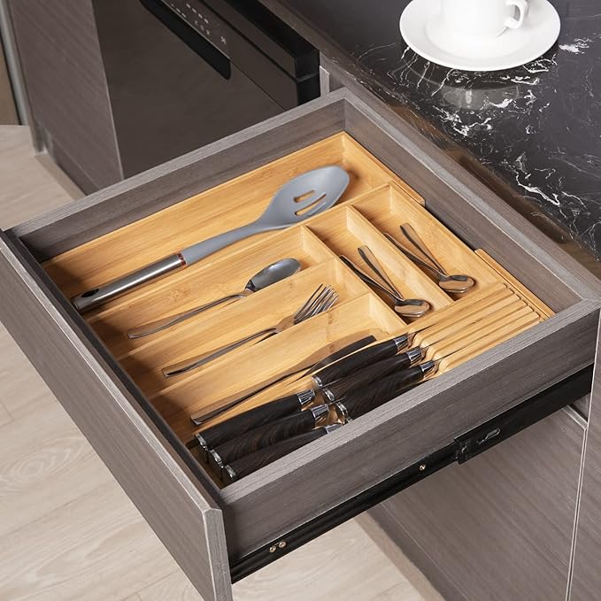 Bamboo-Silverware-Drawer-Organizer-Kitchen, Expandable Utensil Holder Cutlery Tray Flatware Organization Adjustable Wood Tableware Dividers Storage (with Removable Knife Block)(Natural)