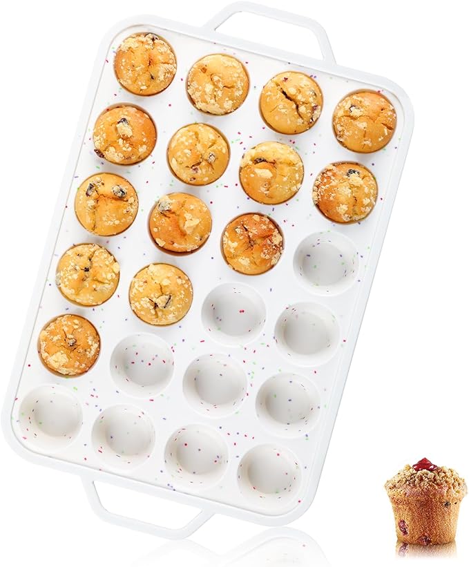 Vinino Mini Muffin Pan with Metal Reinforced Frame-1Pack, Silicone Cupcake Pan for Baking 24 Cup Mini Size, BPA Free Silicone Muffin Tray, Cupcake Baking Pan Molds for Oven Dishwasher Safe-Cream