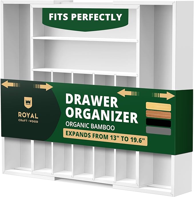 ROYAL CRAFT WOOD Luxury Bamboo Kitchen Drawer Organizer - Silverware Organizer - Utensil Holder and Cutlery Tray with Grooved Drawer Dividers for Flatware and Kitchen Utensils (9 Slot, White)