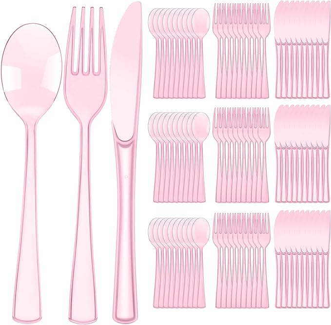 Minatee 150 Pieces Disposable Cutlery Set Plastic Silverware Heavy Duty Utensil Sets 50 Forks 50 Knives 50 Spoons for Home Office School Party Picnics Restaurant Outdoor Events(Pink)