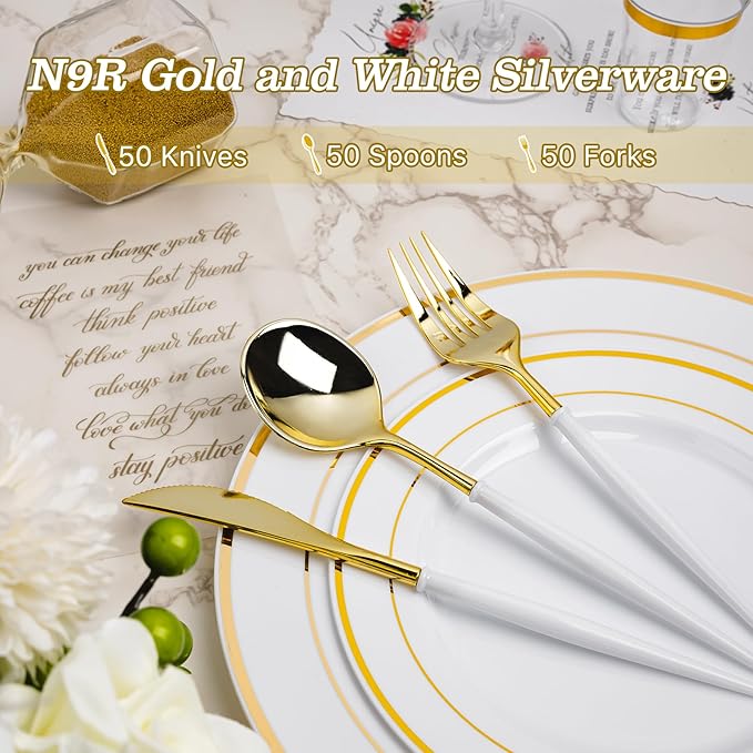 N9R 90PCS Gold Plastic Silverware - Gold Plastic Cutlery Set with White Handle, Heavy Duty Plastic Silverware with 30 Spoons, 30 Forks, 30 Knives - Perfect for Birthday Party, wedding and Everyday Use