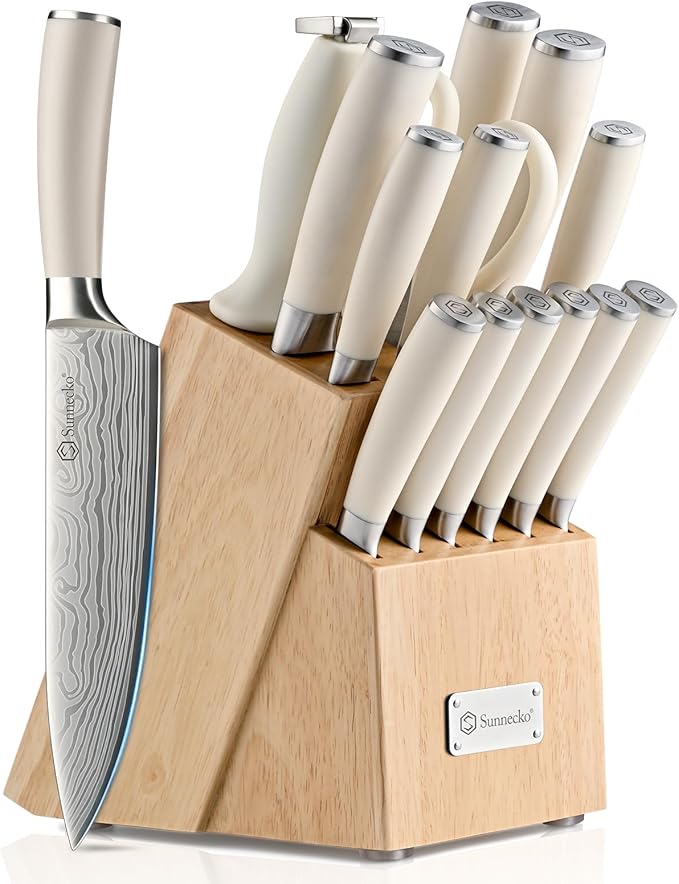 Sunnecko Knife Set with Block and Sharpener, 15 Piece Kitchen Knife Block Set Sharp Kitchen Knives High Carbon Stainless Steel with White Handles