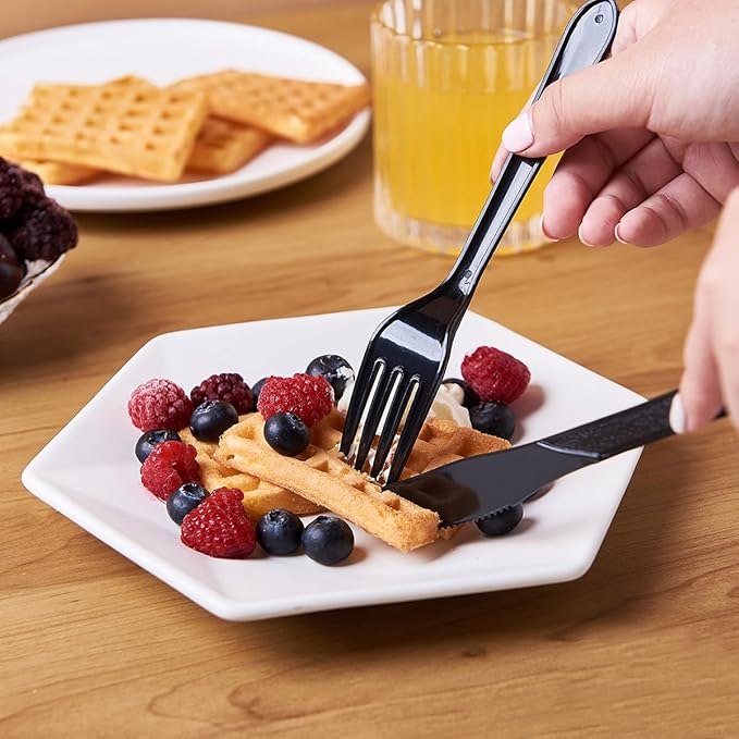 [300 Combo Box] Black Plastic Forks Spoons Knives Heavyweight Utensils Disposable Silverware Heavy Duty Cutlery Set