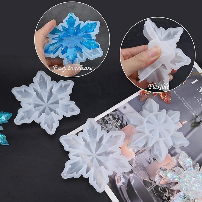 Sakolla 5 Pieces Christmas Silicone Resin Molds 3D Snowflake Molds Silicone Epoxy Casting Resin Mould for DIY Christmas Ornament Jewelry Pendant Decoration, Keychain