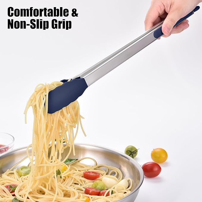 Doosu Kitchen Tongs for Cooking - 600°F Heat Resistant Food Tong with Non-Scratch Silicone Tips, Heavy Duty Stainless Steel Locking Tong for BBQ, Grilling Steak, Serving Salad Pasta (16in, Navy Blue)