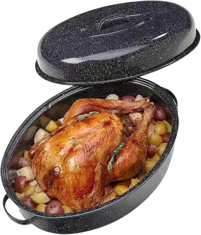 19” Turkey Roasting Pan Enamel Oval Granite Large Roaster Pan with Lid with 17in Inner Diameter Large Capacity Suitable for Thanksgiving Enamel Cook Ware Dishwasher Compatibility Oven Christmas Gift