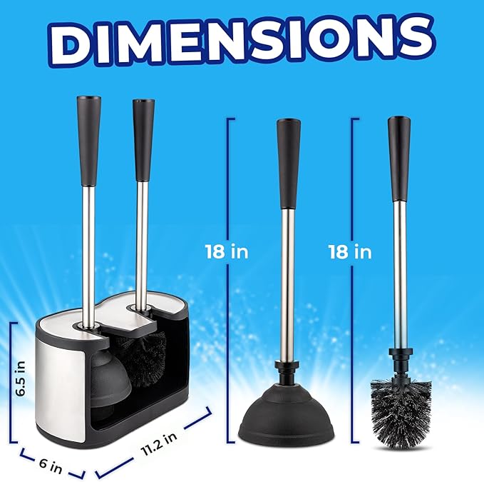 UMIEN 2 Pack Toilet Brush and Plunger Set 18-in - Updated 2025 No-Rust - Stainless Steel Design - Long Handles - with Freestanding Canister (Satin Nickel)