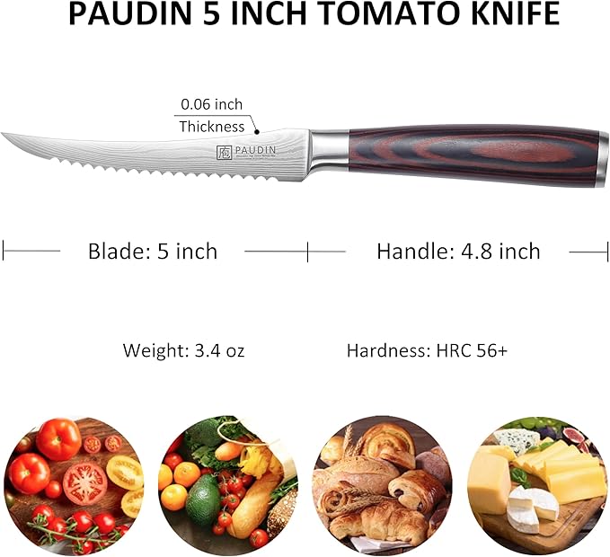 PAUDIN Tomato Knife, 5 inch Serrated Tomato Knives with Sheath, High Carbon Stainless Steel Tomato Slicer Knife for Smooth Cutting Slicing Vegetables and Fruits