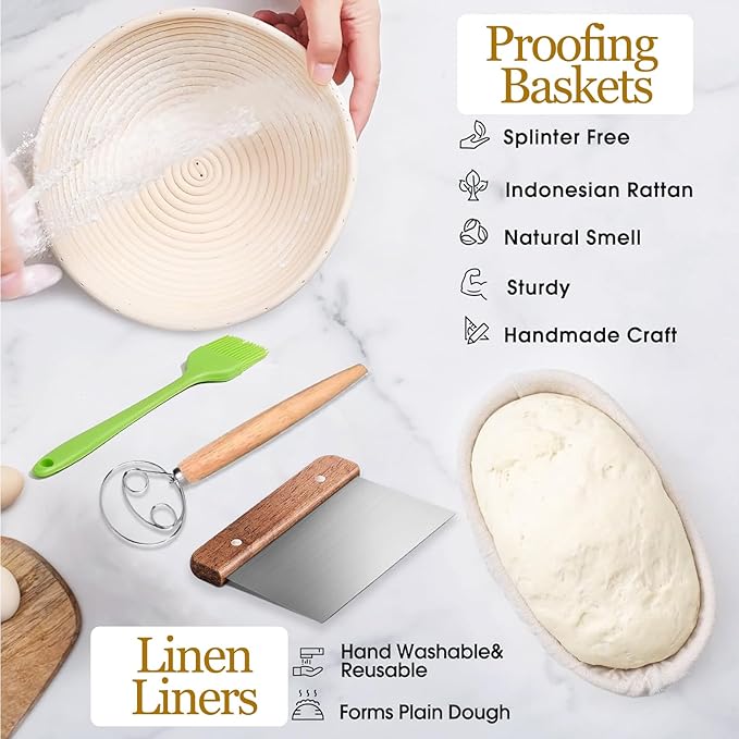 Banneton Bread Proofing Basket - Rattan Proofing Baskets for Sourdough Bread | Banneton Baskets Bowls with Linen Liners for Artisan Homemade Bread Baking (9 inch & 10 inch Basket with Baking Supplies)