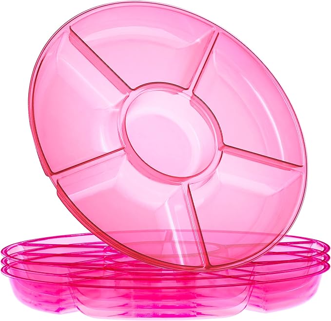 Plasticpro 6 Sectional Round Plastic Serving Tray/Platters Pink Pack of 4