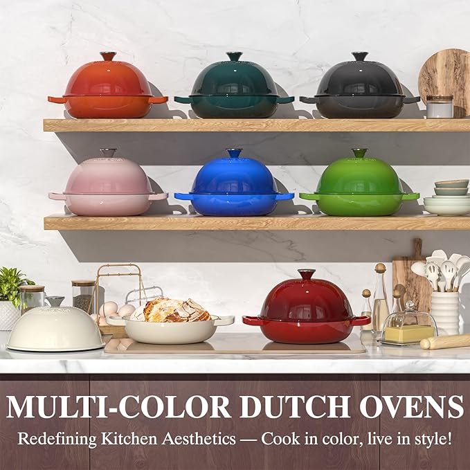 Enamelled Cast Iron Dutch Oven Pot – Dutch Oven Pot with Lid For Sourdough Bread Baking – Cast Iron Bread Oven – Red, Umite Chef 6QT Pot with Lid & Cotton Potholders