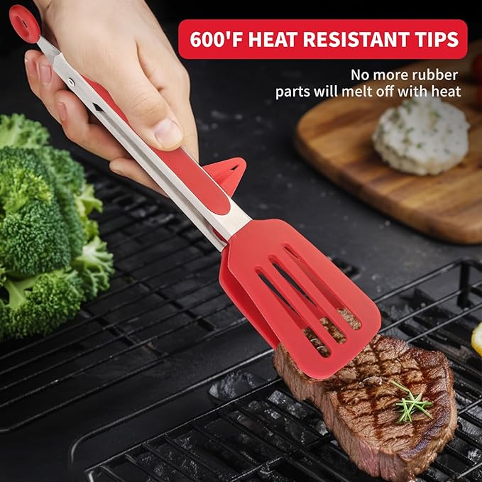 Kitchen Tongs,Set Of 3 Tongs with Silicone Tip for Cooking 9/12 Inch Stainless Steel Kitchen Tong for Meat,Food Grill,Salad,BBQ,Frying,Serving,Dishwasher (Red, 12 Inch)