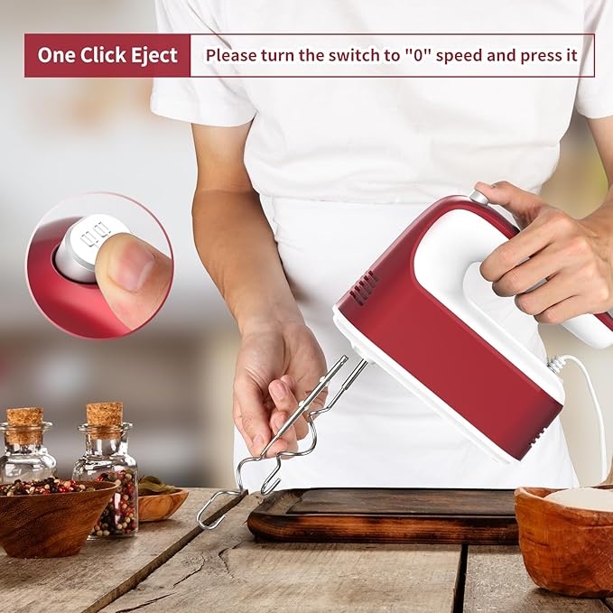 9-Speed Digital Hand Mixer Electric, 400W Powerful DC Motor, Baking Mixer Handheld with Snap-On Storage Case, 5 Stainless Steel Accessories, Flat Beaters, Dough Hooks, Whisk (Red&White)