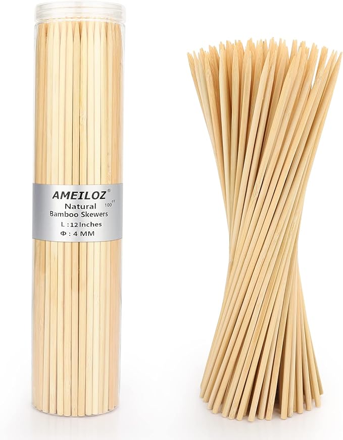 12" Natural Bamboo Wood Barbecue Skewers for Kabob, Appetizer, Fruit, Sausage, Chocolate Fountain, Wooden BBQ Kebob Skewer Stick, Organic Food Sticks for Grilling, Kitchen (Φ=4mm Thick, 100PCS)