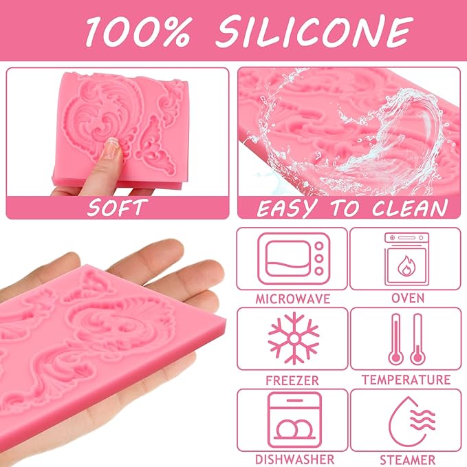 Baroque Scroll Silicone Fondant Mold, Vintage Decorative Pattern for Cake Decorating, Pink