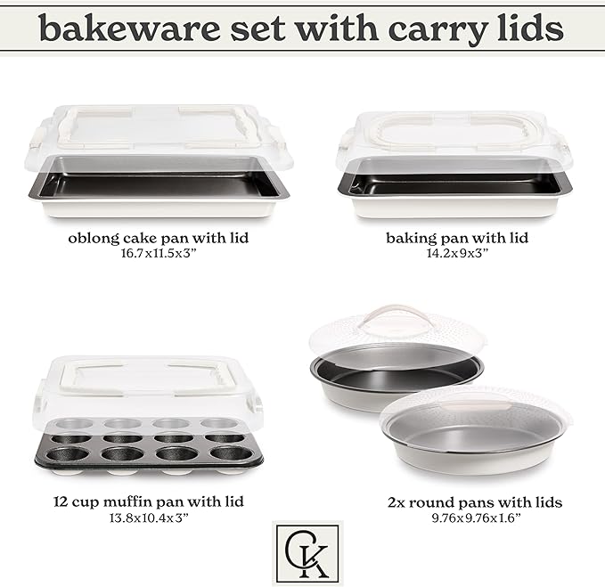 Country Kitchen Baking Pans Set - 10 Piece Non-Stick Cake Pans with Carry Lids for Easy Storage & Travel, Perfect for Parties - Stackable, Cream
