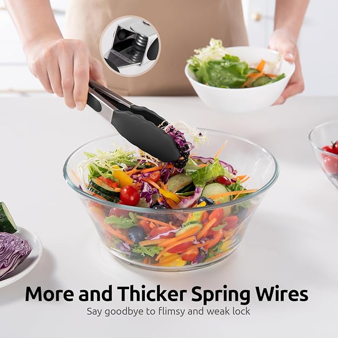 480ºF Heat Resistant Kitchen Tong: U-Taste 7 inch Silicone Cooking Tong with Firm Sealed Non Stick Rubber Tips & Silicon Coated 18/8 Stainless Steel Handle & Smooth Locking for Serving Salad (Black)