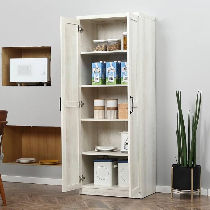 HOMCOM 63" 2-Door Kitchen Pantry, Freestanding Storage Cabinet with 5-Tier Shelving and 2 Adjustable Shelves for Dining Room, Antique White