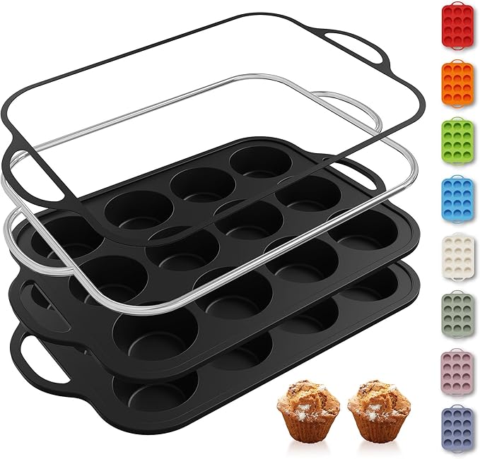 2 Packs 12 Cups Silicone Muffin Pan with Metal Reinforced Frame Regular Size Cupcake Tray Egg Mold Wedding Day Engaged Engagement Hostess Couple Newly Wed House Christmas Married Unique Gift