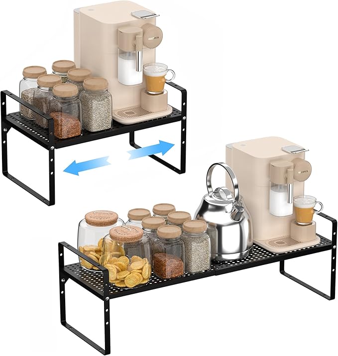 iPEGTOP 3 Pack Large Expandable Cabinet Storage Shelf, Heavy Duty Stackable Steel Metal Spice Rack Adjustable Height Home Office Pantry Garage Shelves for Counter Kitchen Organization, Black