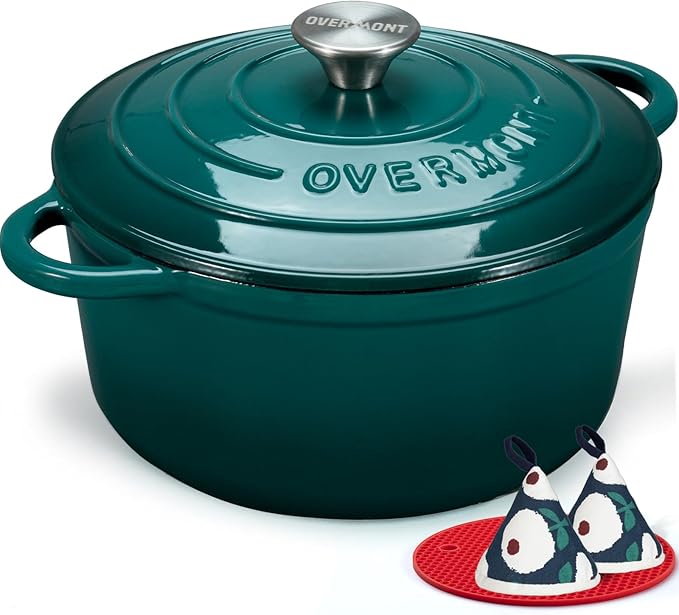 Overmont Enameled Cast Iron Dutch Oven - 5.5QT Pot with Lid Cookbook & Cotton Potholders - Heavy-Duty Cookware for Braising, Stews, Roasting, Bread Baking bottle green